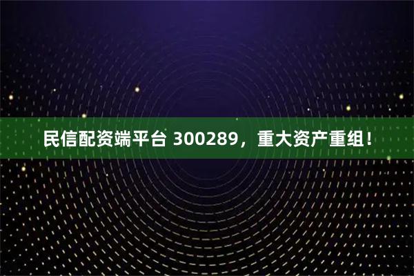 民信配资端平台 300289，重大资产重组！
